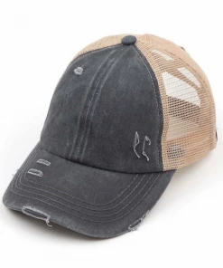 CC Beanie High Ponytail Hat- Distressed Charcoal/Beige